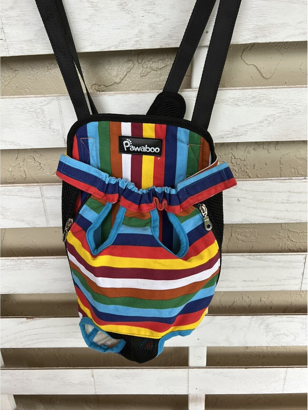 PAWABOO Pet Carrier Holder Backpack Head Legs Out Colorful  Striped Sz L.